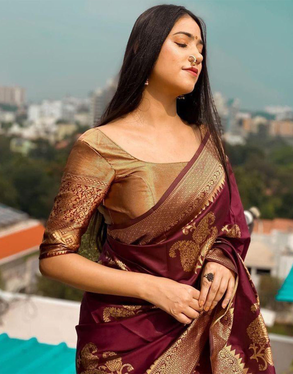 Dark Maroon Banarasi Silk Saree With Zari Weaving Work