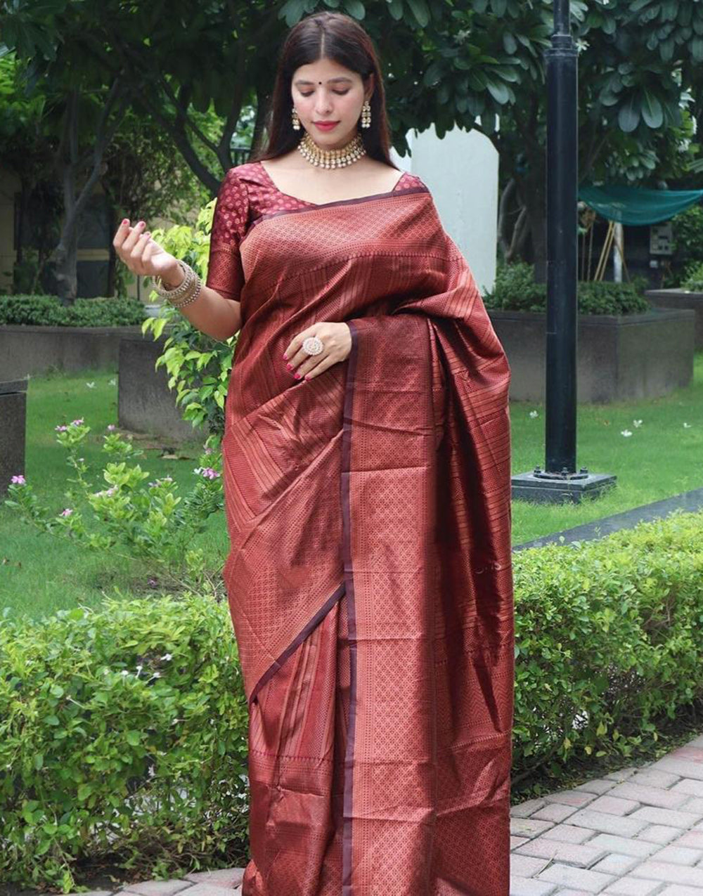 Wine Banarasi Silk Saree With Zari Weaving Work