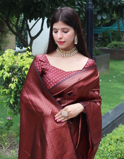 Wine Banarasi Silk Saree With Zari Weaving Work