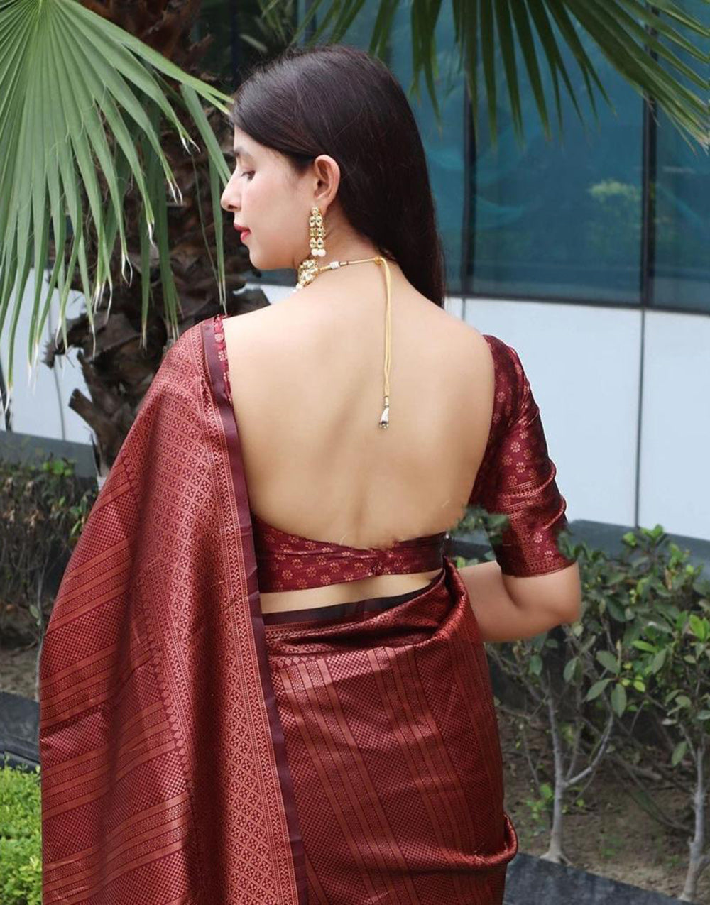 Wine Banarasi Silk Saree With Zari Weaving Work