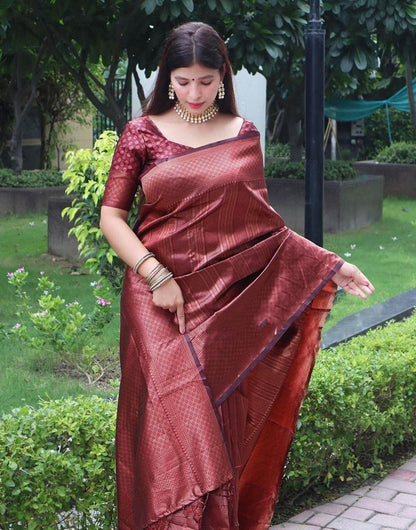 Wine Banarasi Silk Saree With Zari Weaving Work