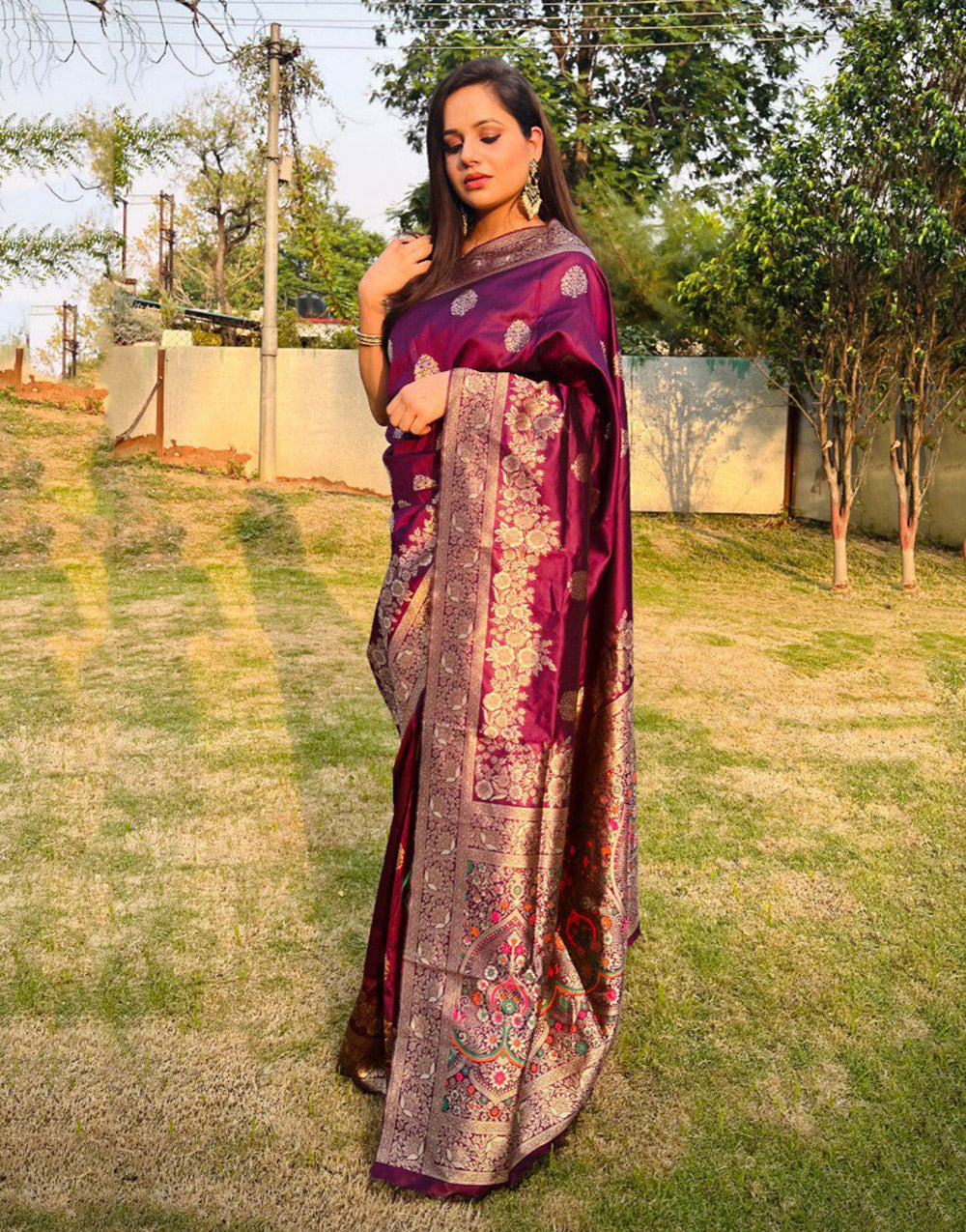 Wine Banarasi Silk Saree With Zari Weaving Work