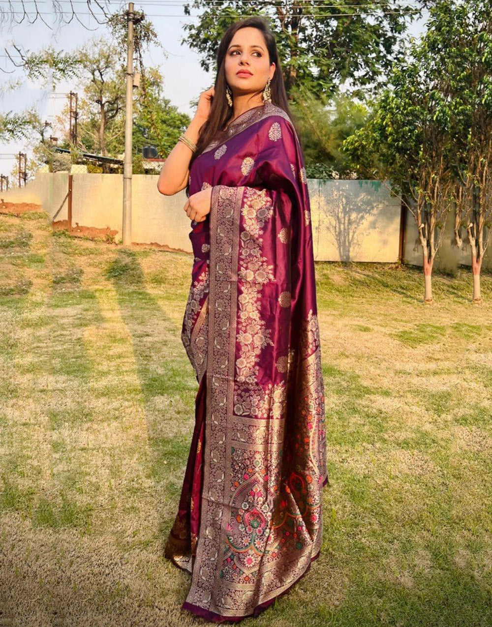 Wine Banarasi Silk Saree With Zari Weaving Work