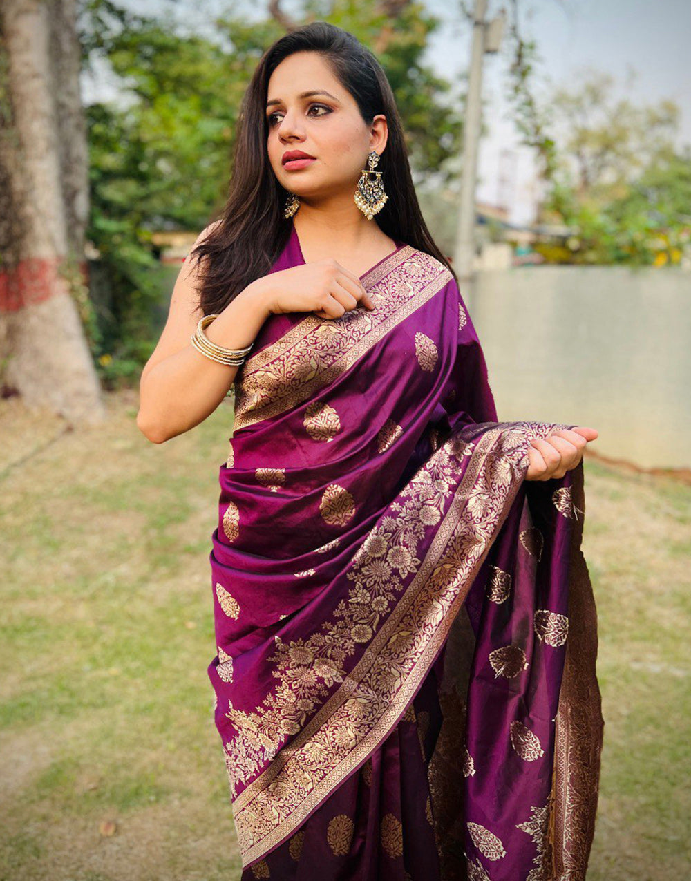 Wine Banarasi Silk Saree With Zari Weaving Work