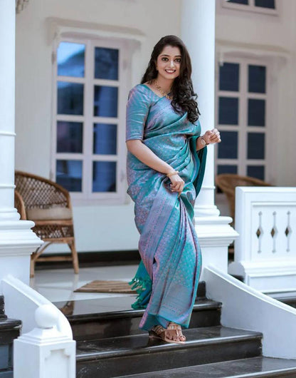 Firozi Banarasi Silk Saree With Zari Weaving Work