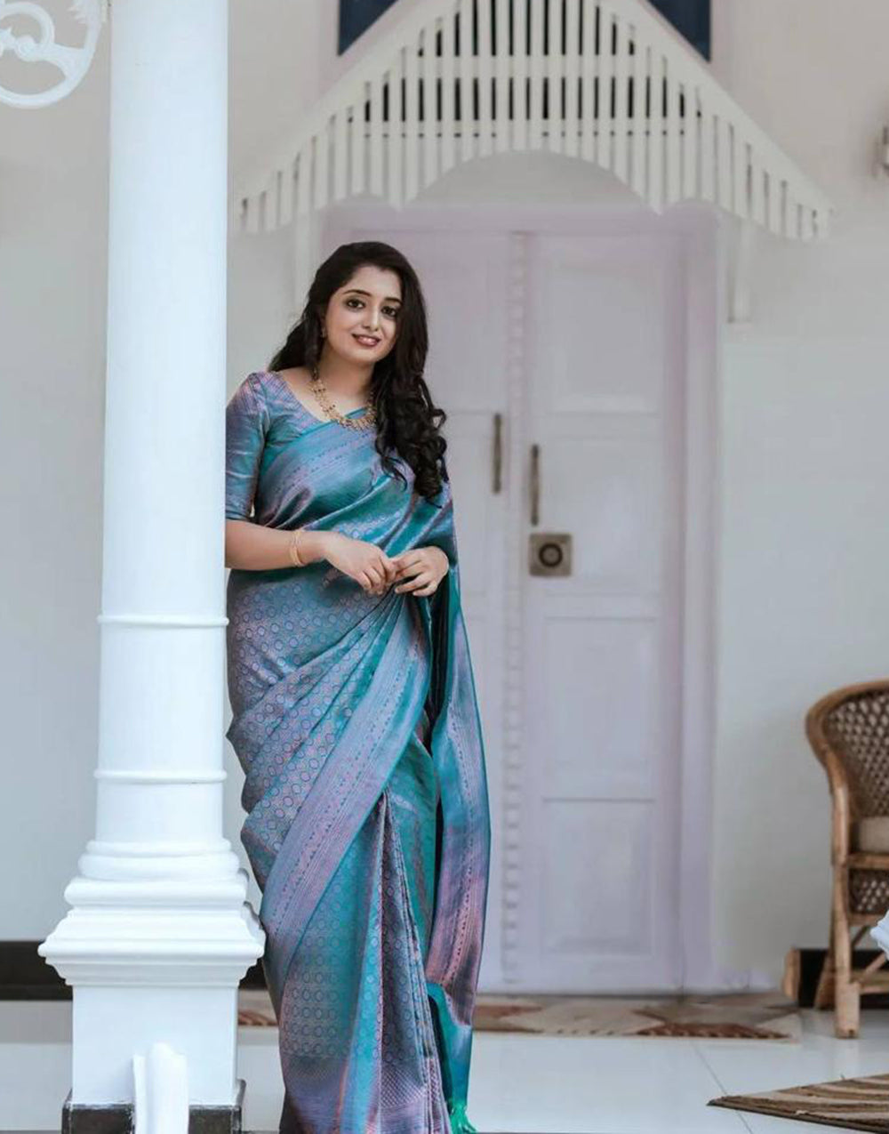 Firozi Banarasi Silk Saree With Zari Weaving Work