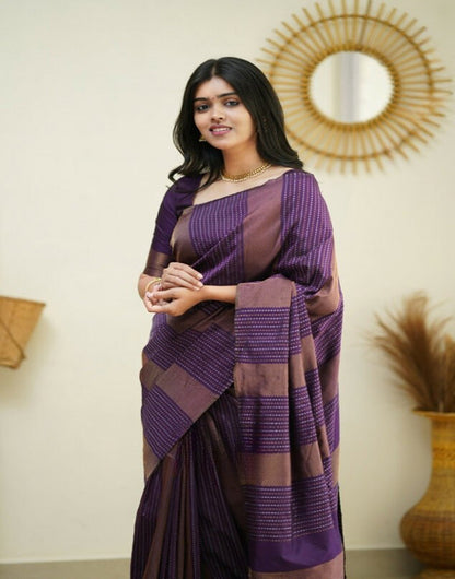 Purple & Brown Banarasi Silk Saree With Zari Weaving Work