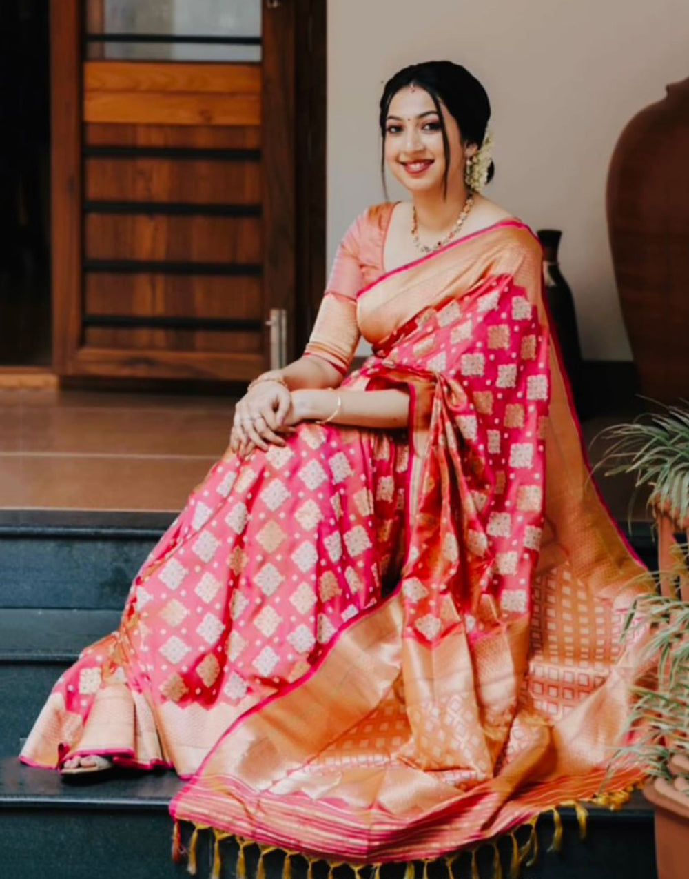 Pink Banarasi Silk Saree With Golden Zari Weaving Work