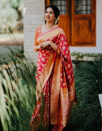 Pink Banarasi Silk Saree With Golden Zari Weaving Work