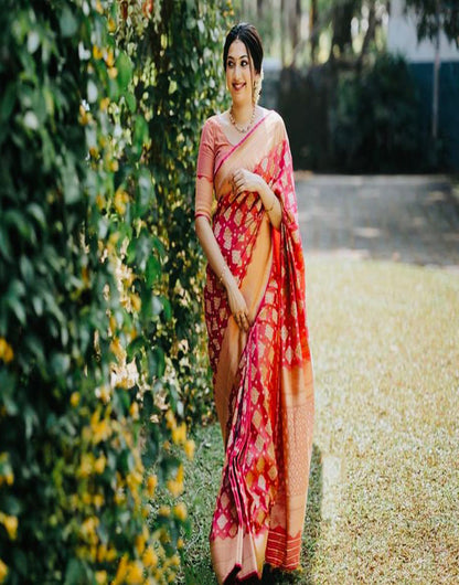 Pink Banarasi Silk Saree With Golden Zari Weaving Work