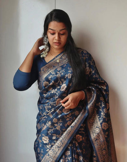 Navy Blue Banarasi Silk Saree With Zari Weaving Work