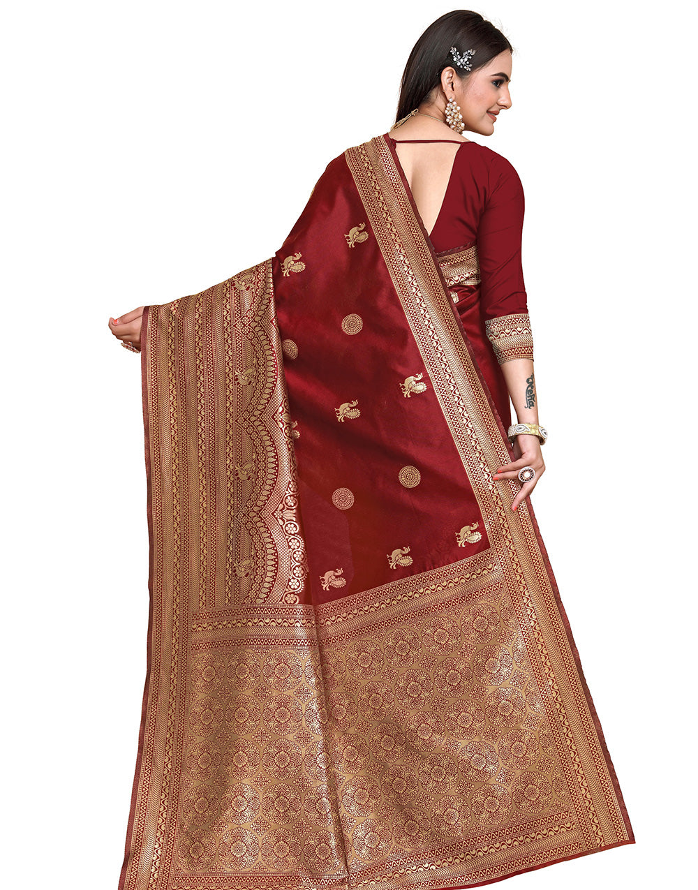 Cherry Red Banarasi Silk Saree With Golden Weaving Work