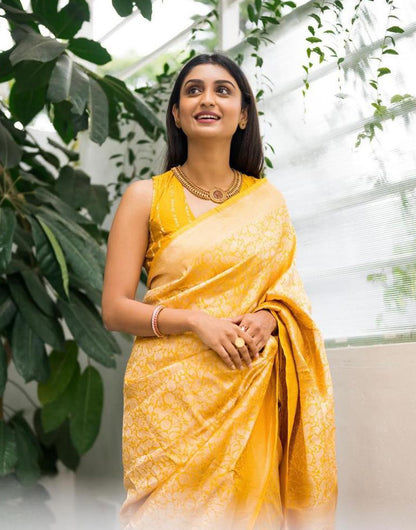 Yellow Banarasi Silk Saree With Zari Weaving Work