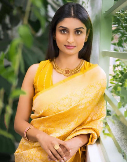 Yellow Banarasi Silk Saree With Zari Weaving Work