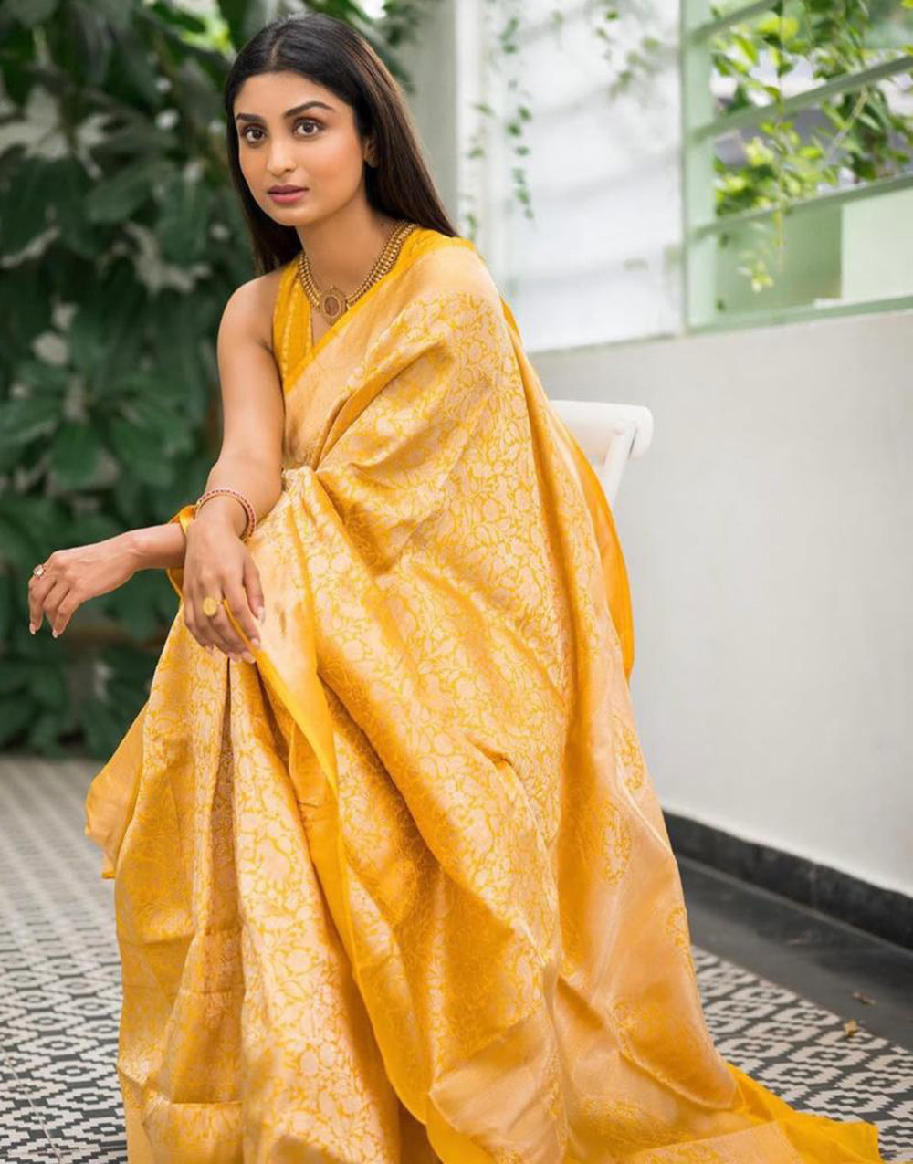 Yellow Banarasi Silk Saree With Zari Weaving Work