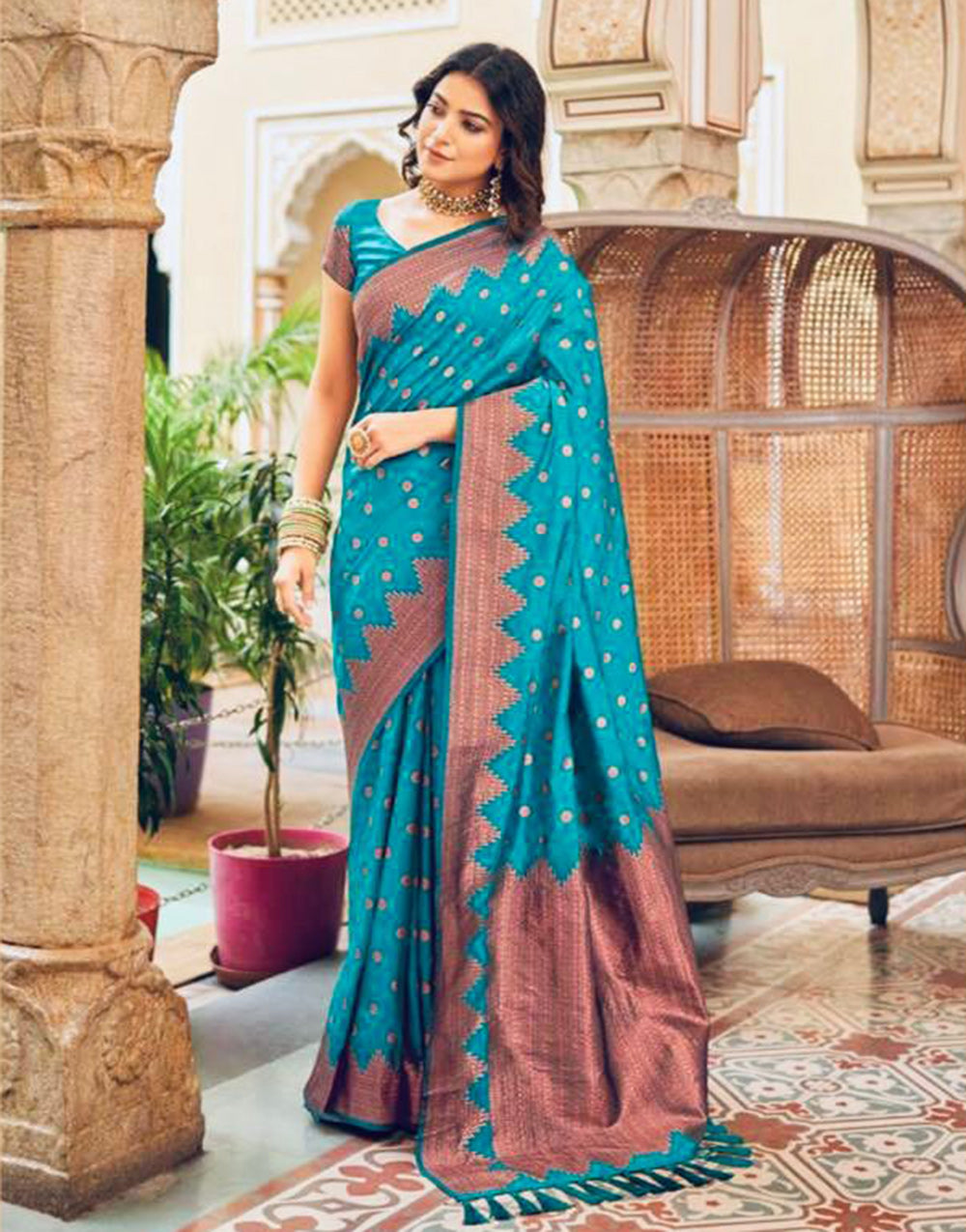 Firozi Banarasi Silk Saree With Zari Weaving Work