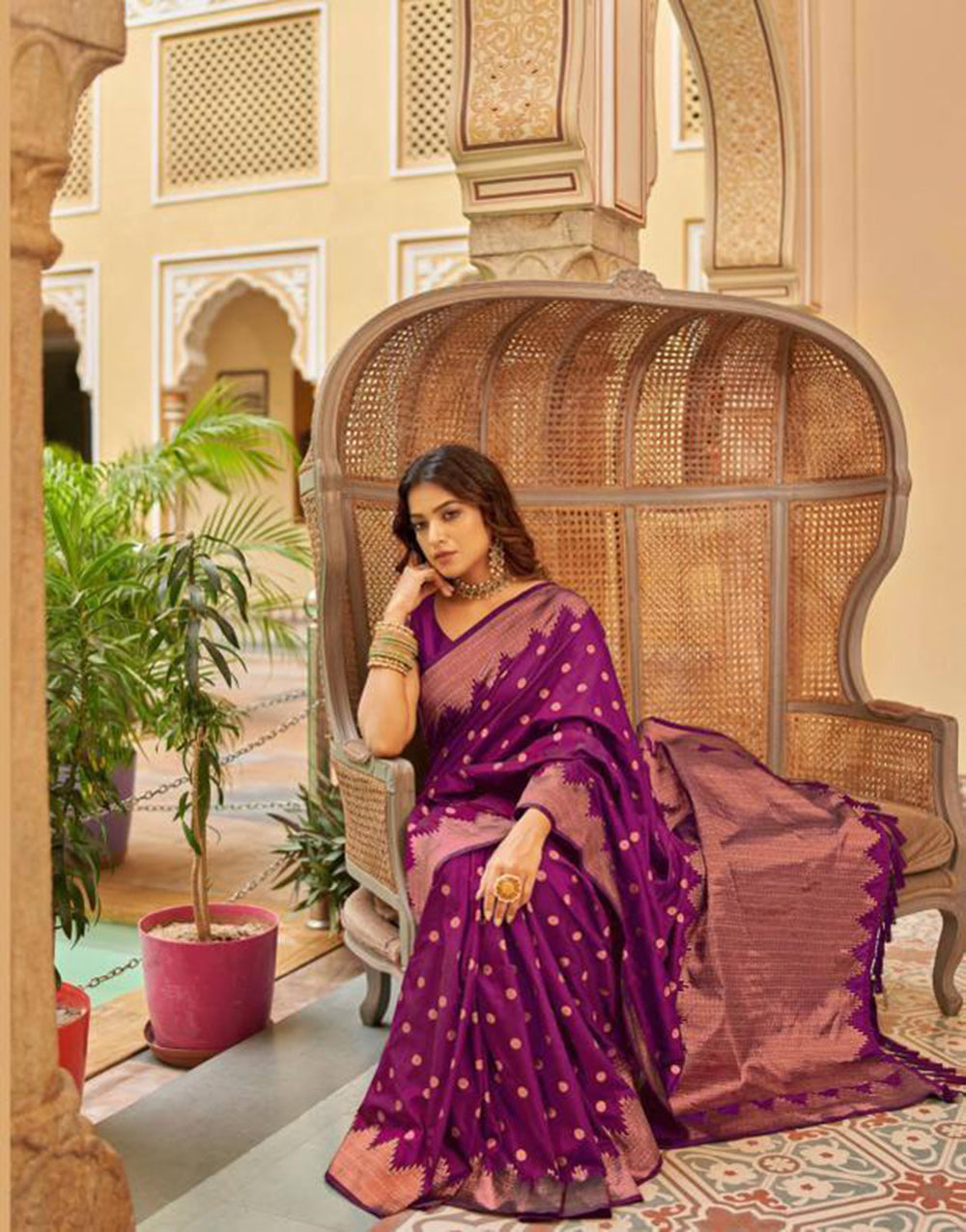 Wine Banarasi Silk Saree With Zari Weaving Work