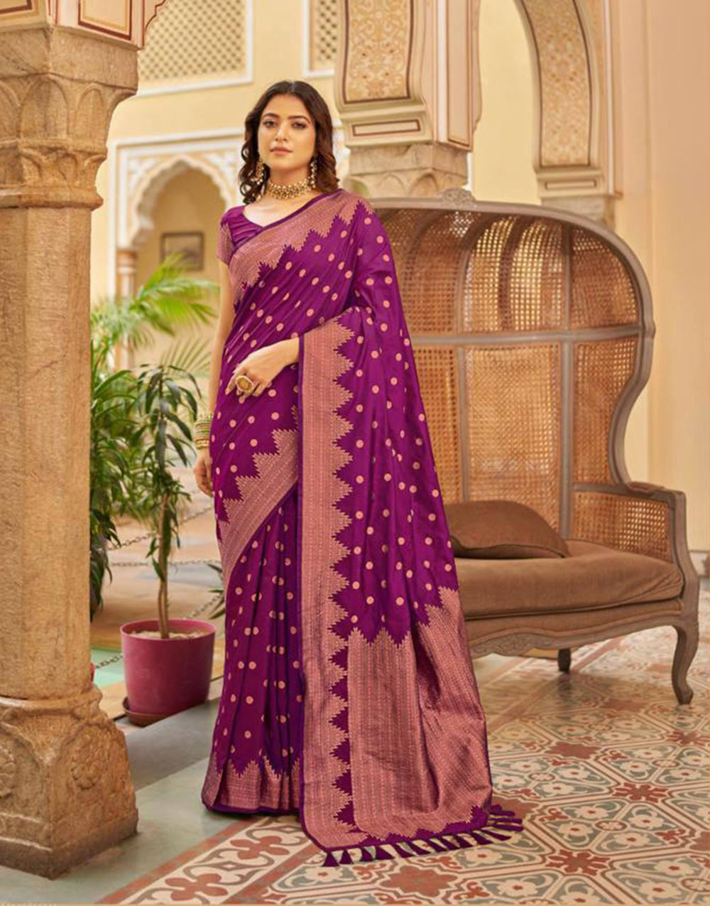 Wine Banarasi Silk Saree With Zari Weaving Work