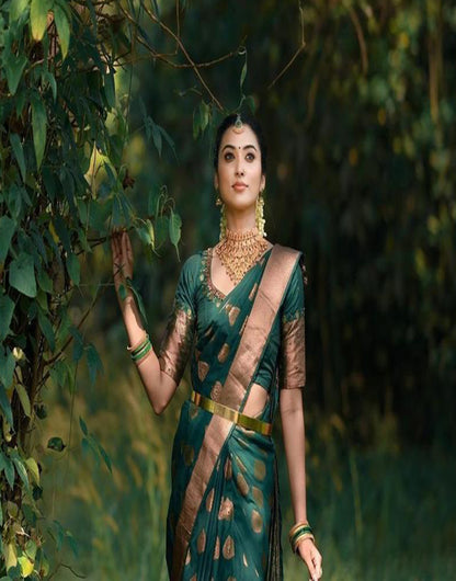 Green Banarasi Silk Saree With Copper Zari Weaving Work