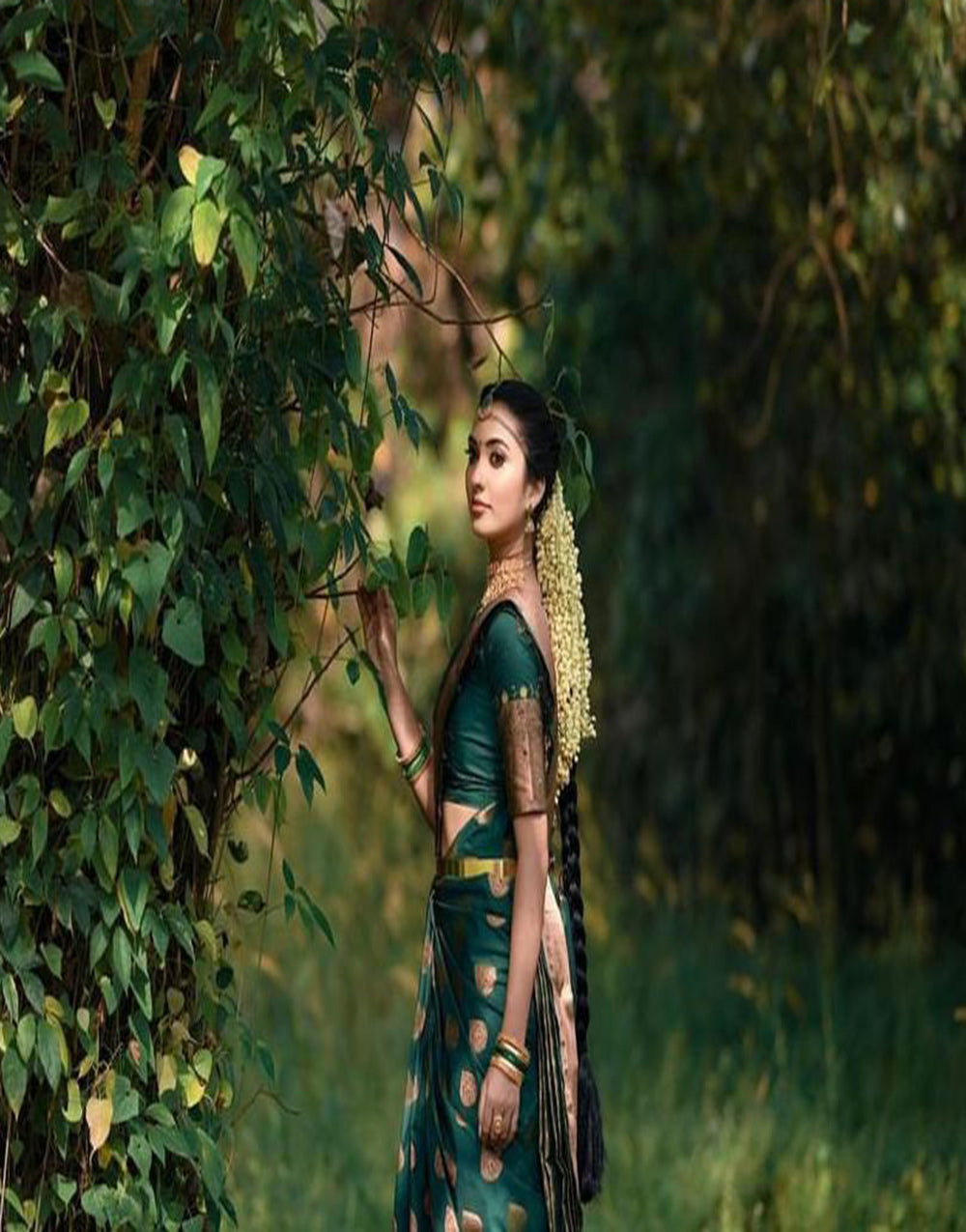 Green Banarasi Silk Saree With Copper Zari Weaving Work