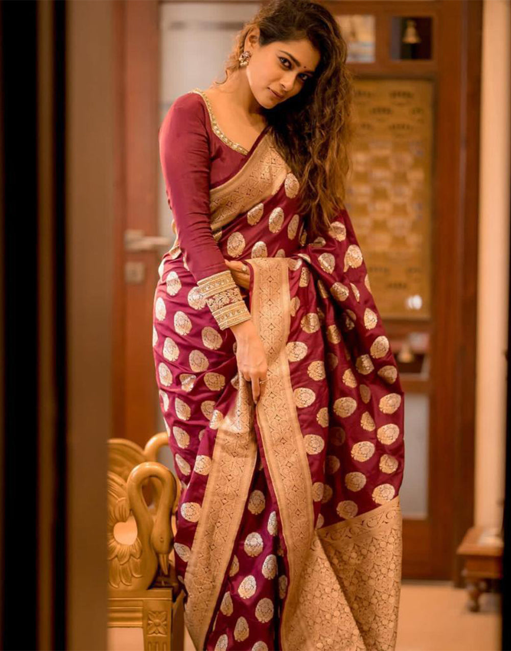 Dark Maroon Kanjivaram Silk Saree With Zari Weaving Work