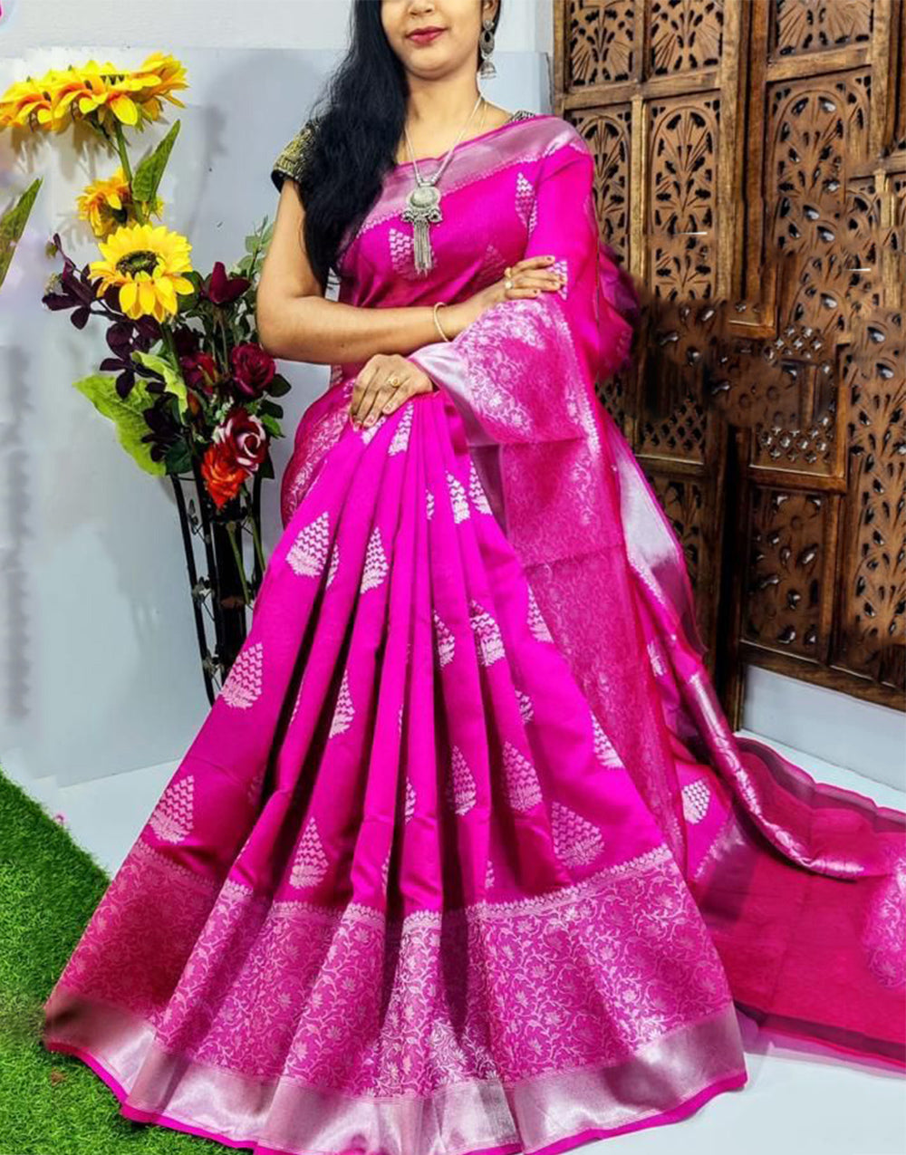 Rani Pink Banarasi Soft Silk Saree With Zari Weaving Work
