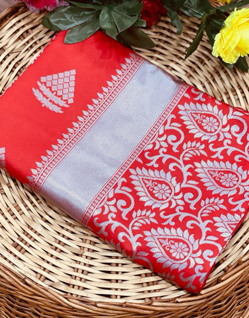 Red Banarasi Soft Silk Saree With Zari Weaving Work