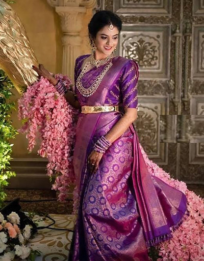 Purple Banarasi Soft Silk Saree With Zari Weaving Work