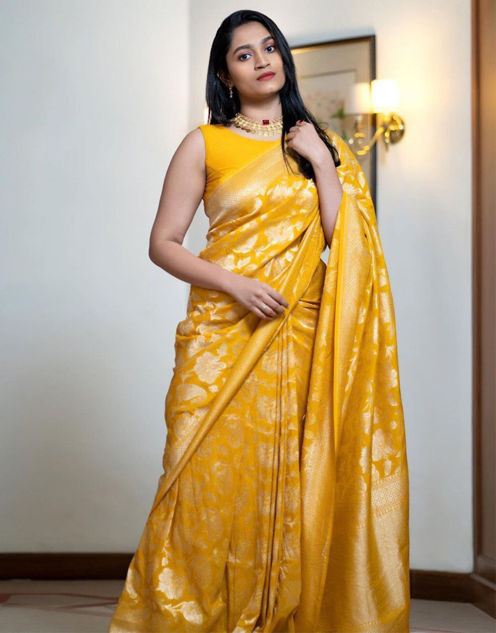Mustard Kanjivaram Silk Saree With Weaving Work