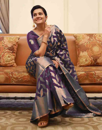 Deep Purple Kanjivaram Silk Saree With Weaving Work