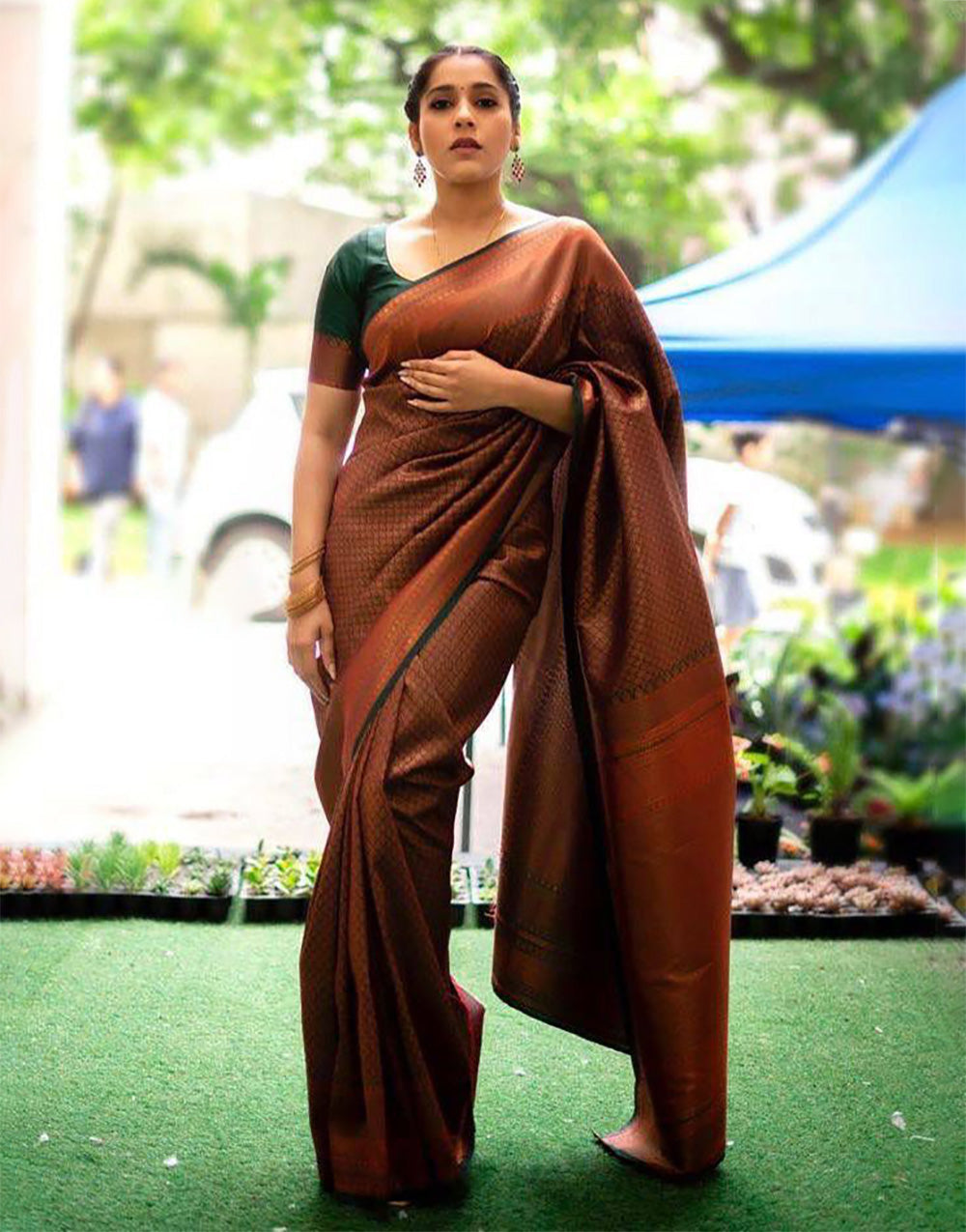 Chocolate Brown Banarasi Silk Saree With Copper Zari Weaving Work