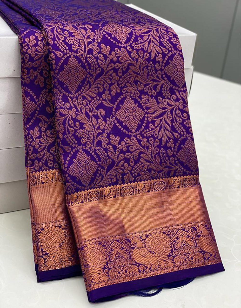 Blue & Pink Kanjivaram Silk Saree With Weaving Work
