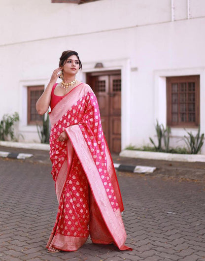 Pink Banarasi Silk Saree With Silver Zari Weaving Work