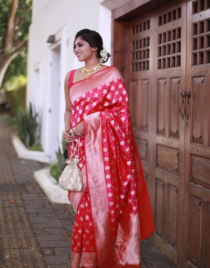 Pink Banarasi Silk Saree With Silver Zari Weaving Work