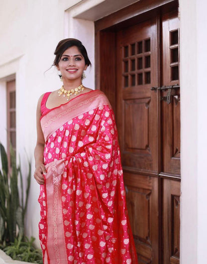 Pink Banarasi Silk Saree With Silver Zari Weaving Work