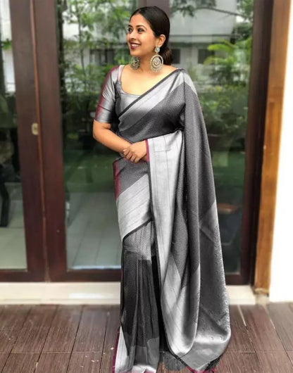 Light Black Banarasi Silk Saree With Silver Zari Weaving Work