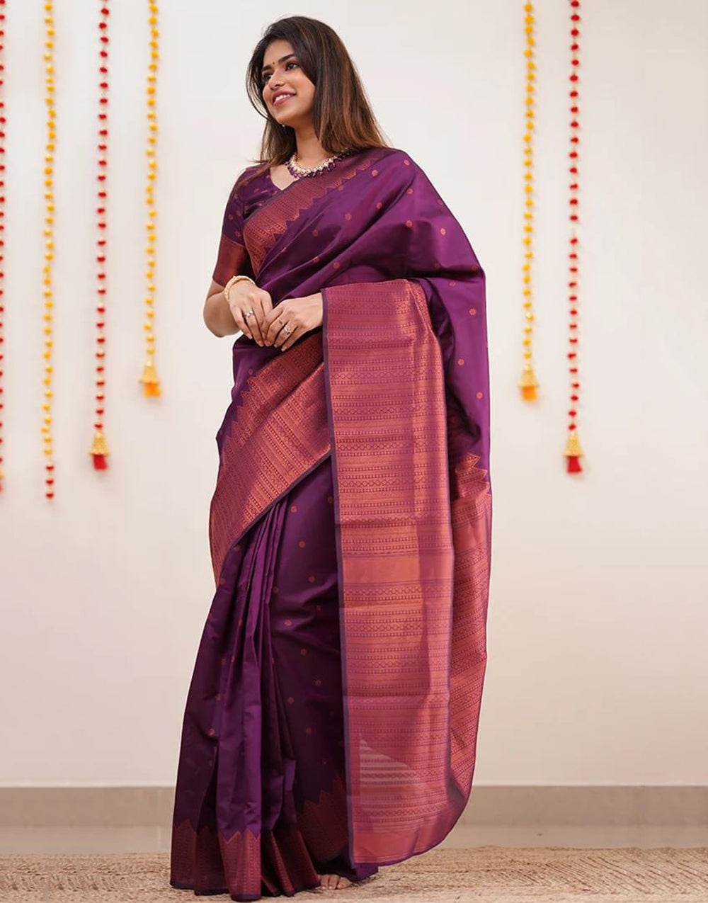 Wine Banarasi Silk Saree With Zari Weaving Work