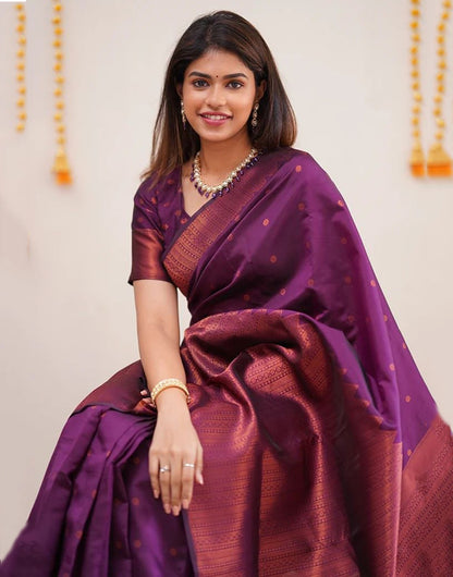 Wine Banarasi Silk Saree With Zari Weaving Work