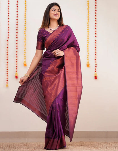 Wine Banarasi Silk Saree With Zari Weaving Work