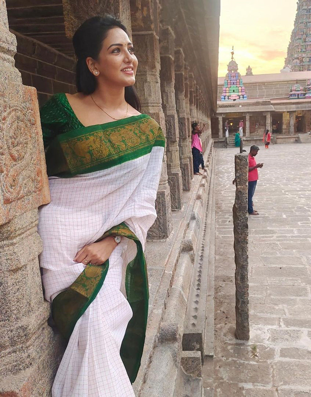 White & Green Banarasi Silk Saree With Zari Weaving Border