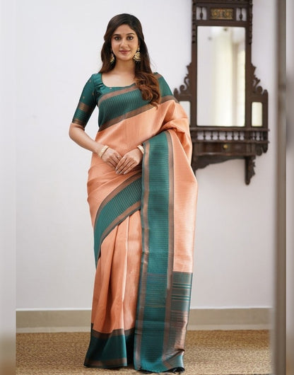 Peach Banarasi Soft Silk Saree With Zari Weaving Work