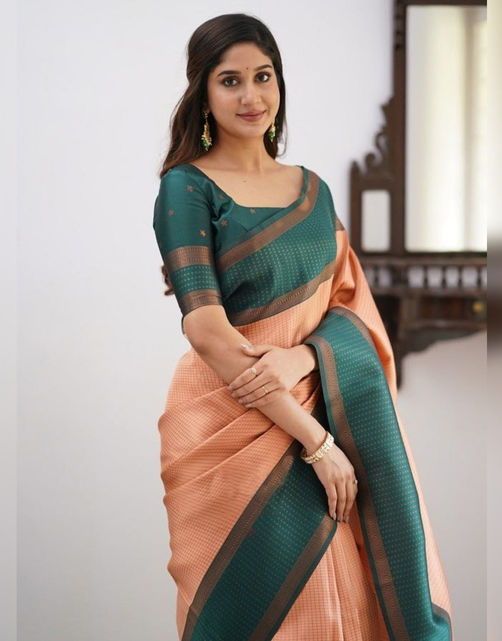 Peach Banarasi Soft Silk Saree With Zari Weaving Work