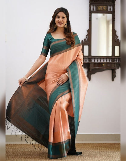 Peach Banarasi Soft Silk Saree With Zari Weaving Work