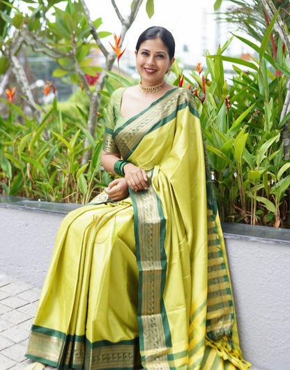 Lime Green Banarasi Soft Silk Saree With Weaving Work