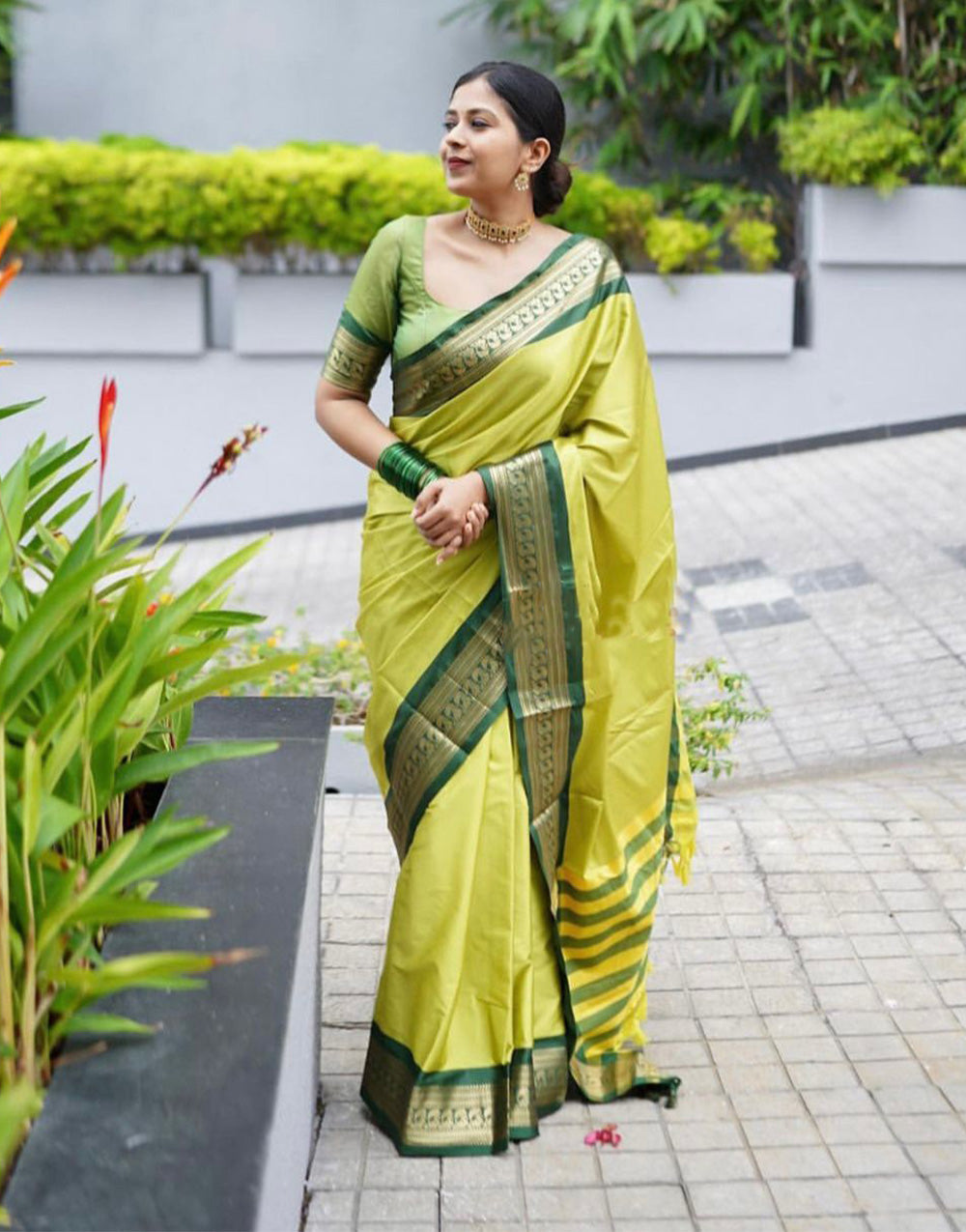 Lime Green Banarasi Soft Silk Saree With Weaving Work