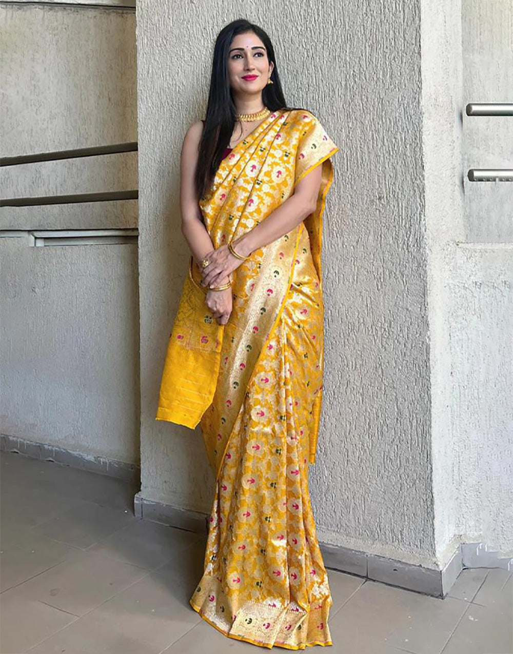 Dark Yellow Banarasi Soft Silk Saree With Weaving Work