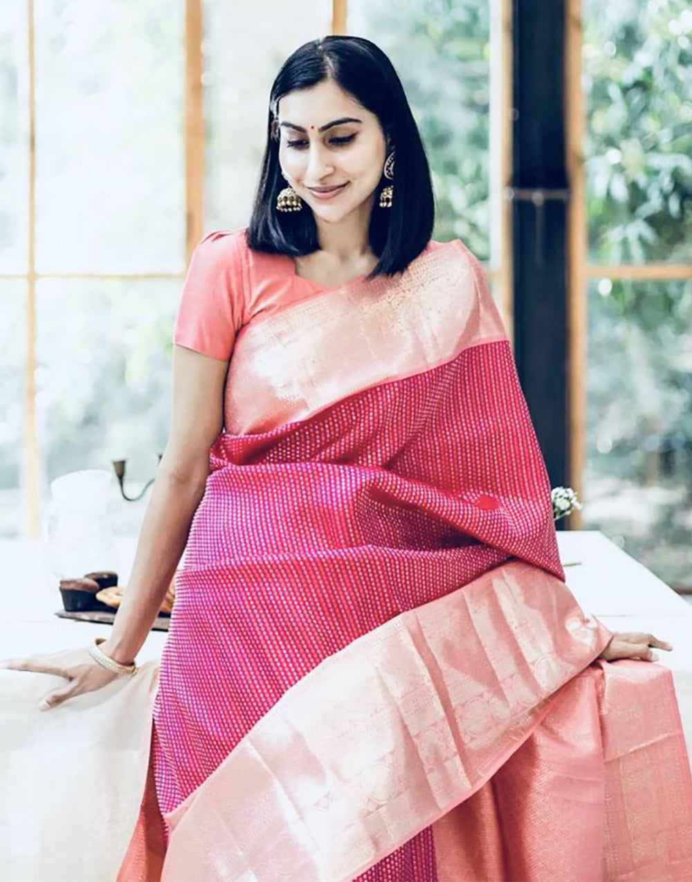 Rani Pink & Peach Banarasi Soft Silk Saree With Weaving Work