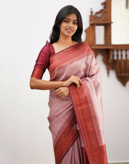 Peach & Maroon Banarasi Soft Silk Saree With Zari Weaving Work