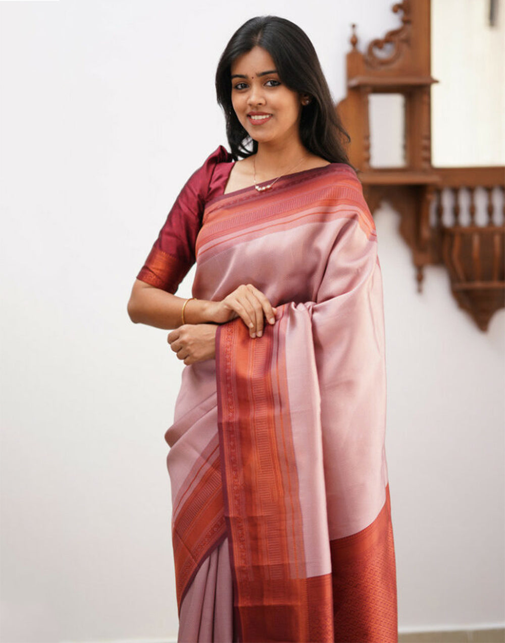 Peach & Maroon Banarasi Soft Silk Saree With Zari Weaving Work