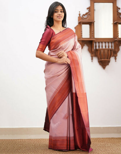 Peach & Maroon Banarasi Soft Silk Saree With Zari Weaving Work